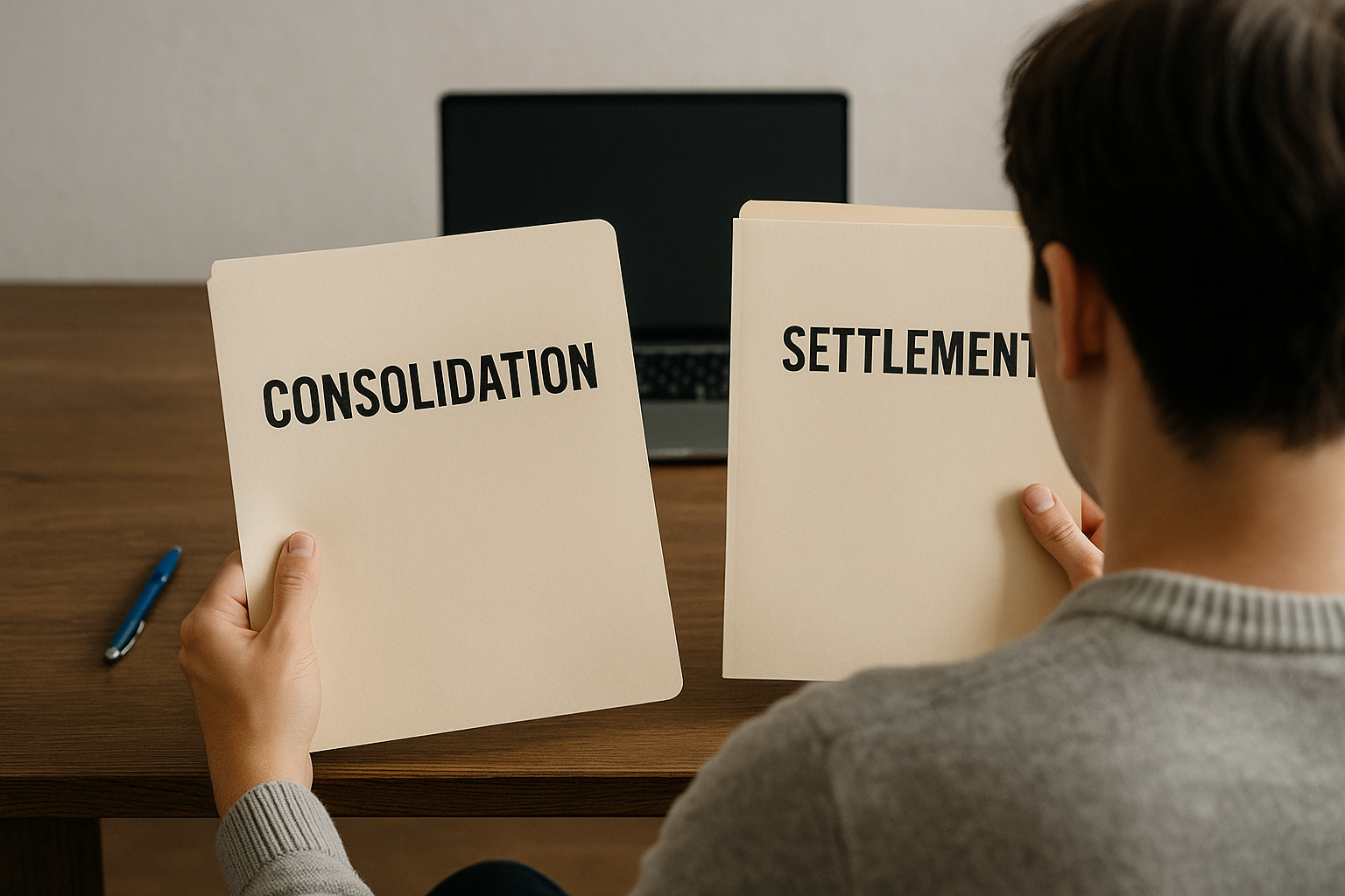Person comparing folders labeled debt consolidation and debt settlement on a desk.