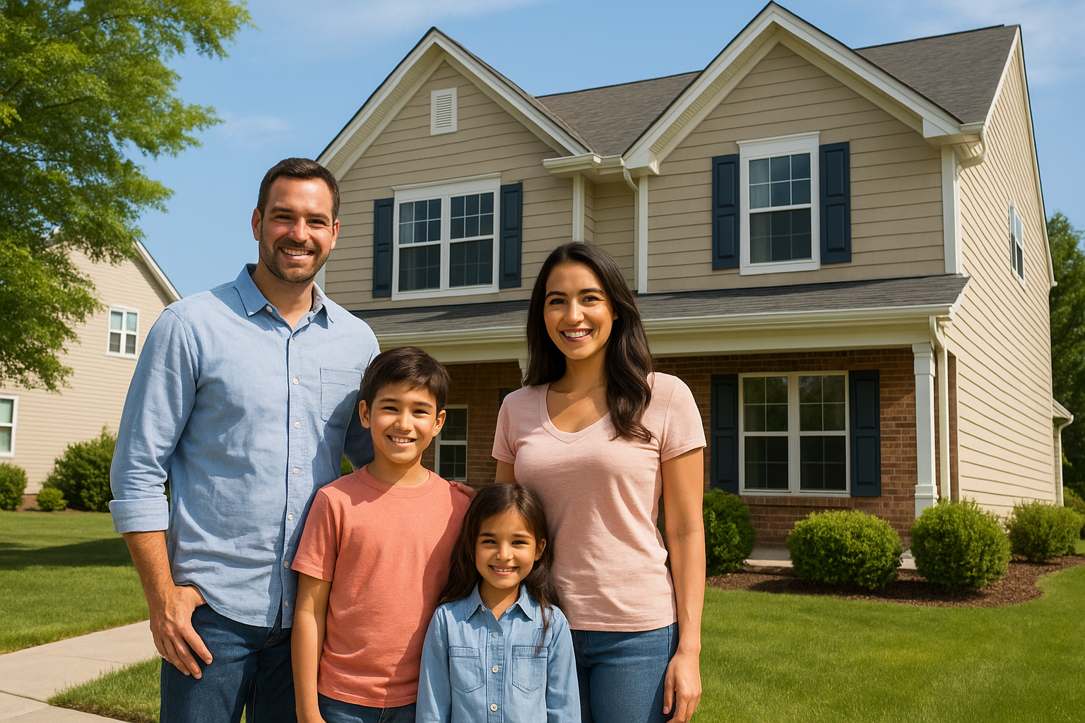 A family stands outside in front of their home on a nice sunny day.