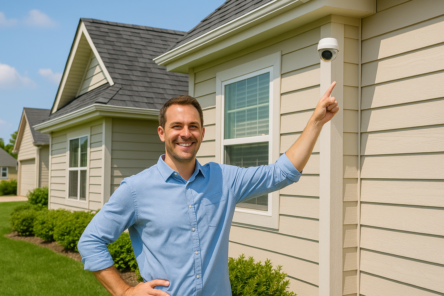 Homeowner standing outside showcasing home upgrades that help lower insurance premiums.
