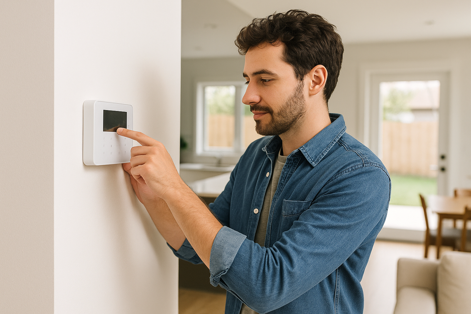 Millennial homeowner adjusting a home security system panel inside a bright, modern living room.