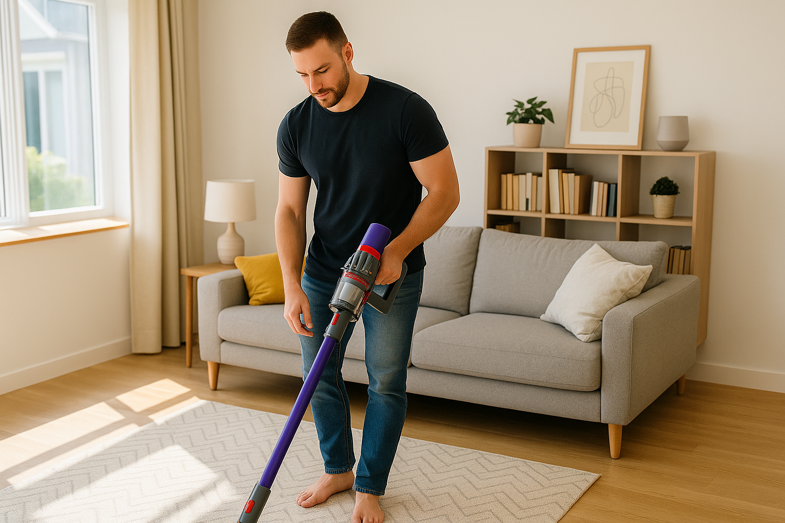 Man vacuuming a bright living room with a Dyson cordless vacuum, maintaining a tidy home environment.