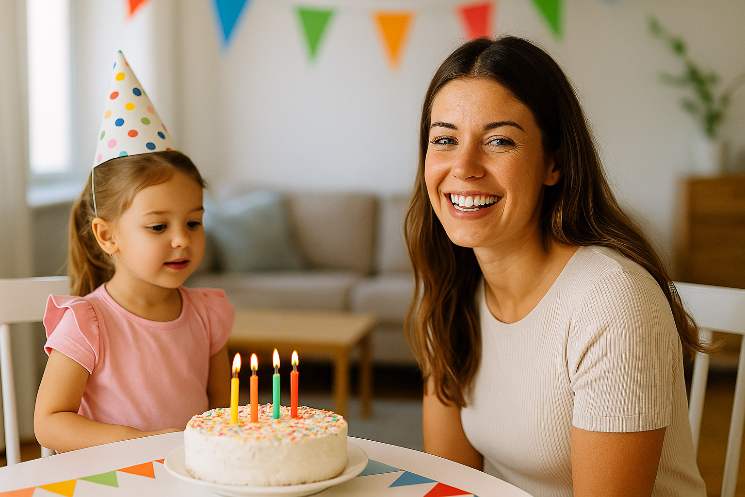 Smiling millennial mom celebrating her daughter’s birthday at home with cake and party decorations.