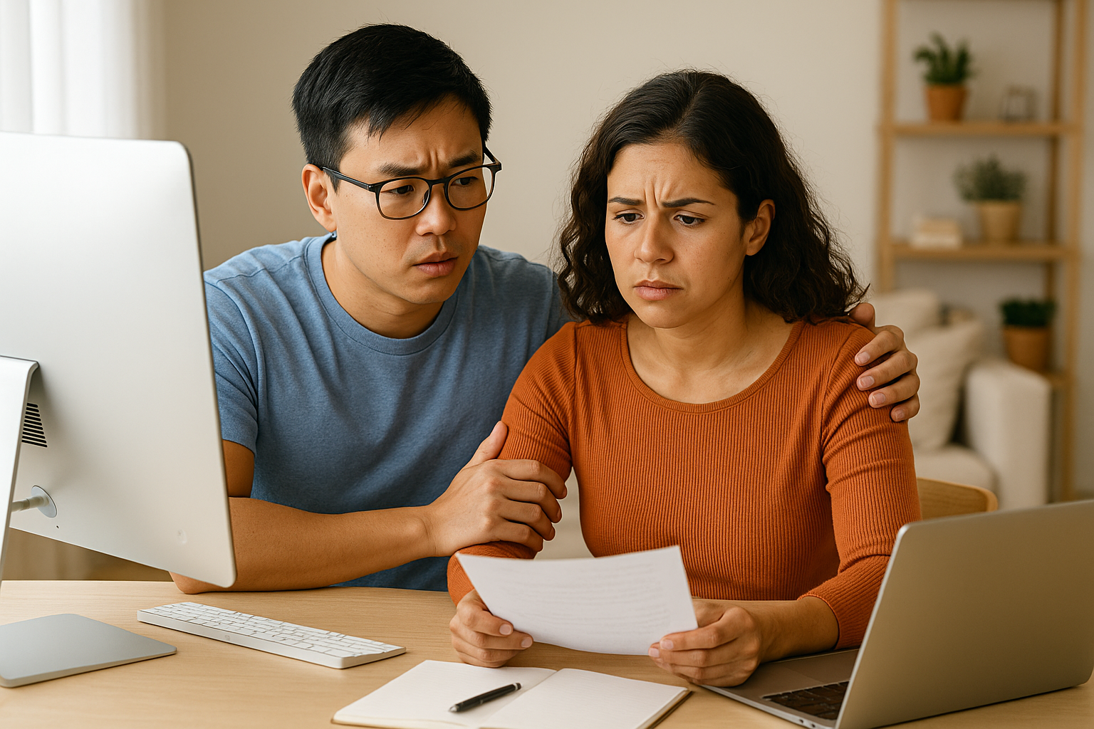 Couple reviewing life insurance paperwork at a home office desk, looking concerned while sitting together.