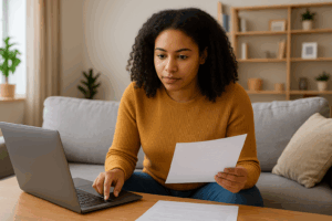 Young woman sitting on a couch using a laptop and reviewing a document while considering a personal loan.