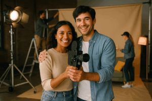 Smiling couple on a film set holding a vintage movie camera, with crew members setting up lights and props in the background.