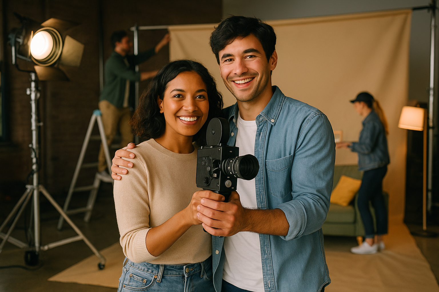 Smiling couple on a film set holding a vintage movie camera, with crew members setting up lights and props in the background.