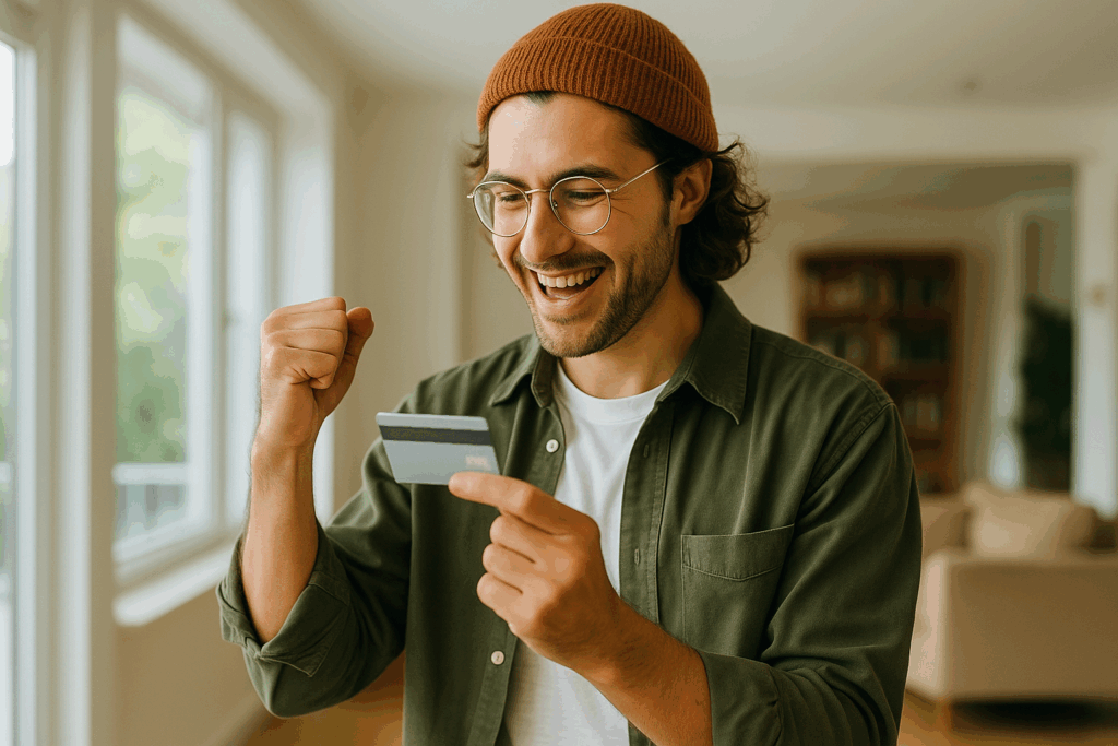 Young man celebrating while holding a credit card, excited about building credit, in a bright modern living space.