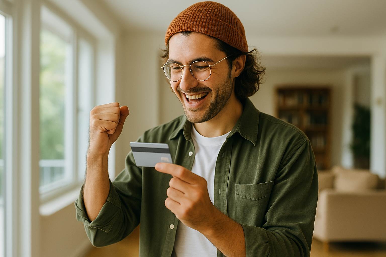 Young man celebrating while holding a credit card, excited about building credit, in a bright modern living space.