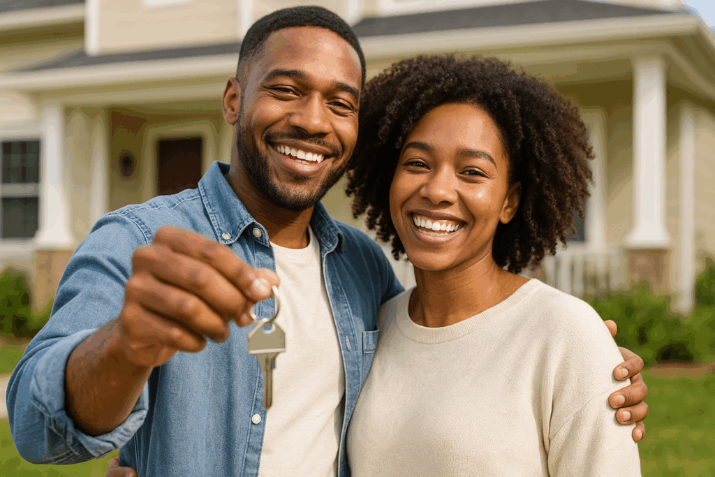 Young couple smiling and holding house keys in front of their new home, celebrating a first-time home purchase.