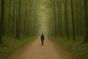 A solitary figure in a blue jacket walks along a forest trail, evoking a sense of clarity, calm, and personal renewal—ideal for themes around life planning or financial reflection.