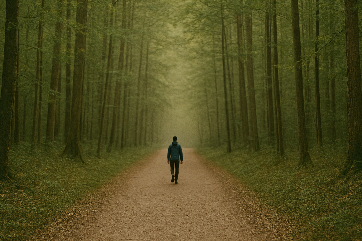 A solitary figure in a blue jacket walks along a forest trail, evoking a sense of clarity, calm, and personal renewal—ideal for themes around life planning or financial reflection.