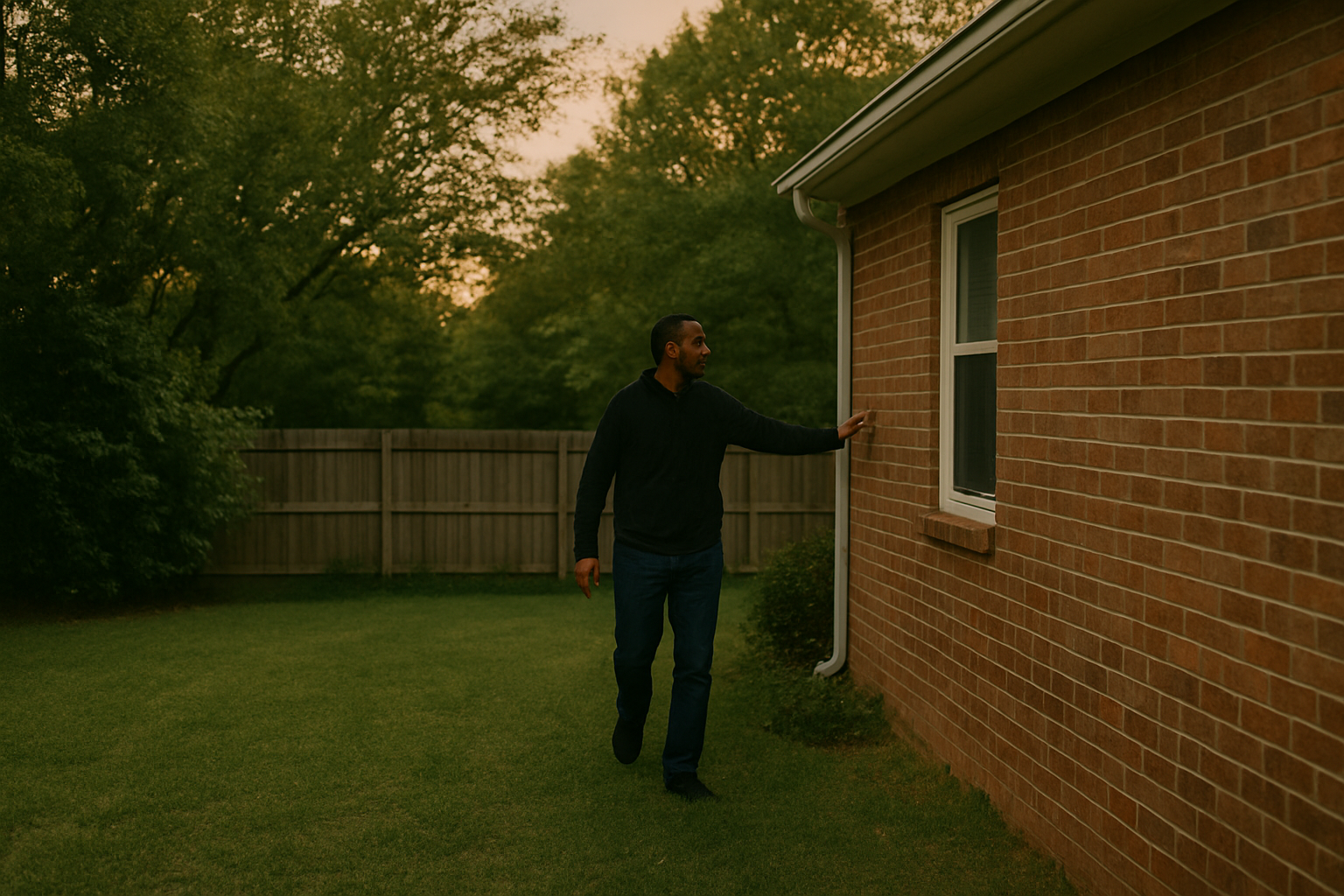 A man walks along the perimeter of a red brick house at dusk, gently placing a hand on the wall. The peaceful scene evokes a sense of home security, responsibility, and calm awareness—ideal for topics related to homeownership or home insurance.