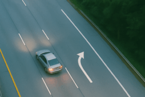A zoomed-out, atmospheric photo of a silver sedan switching lanes under soft lighting on a quiet highway. Captured from above, the image evokes a subtle sense of confusion and direction—ideal for topics around auto insurance, decision-making, or nighttime driving.