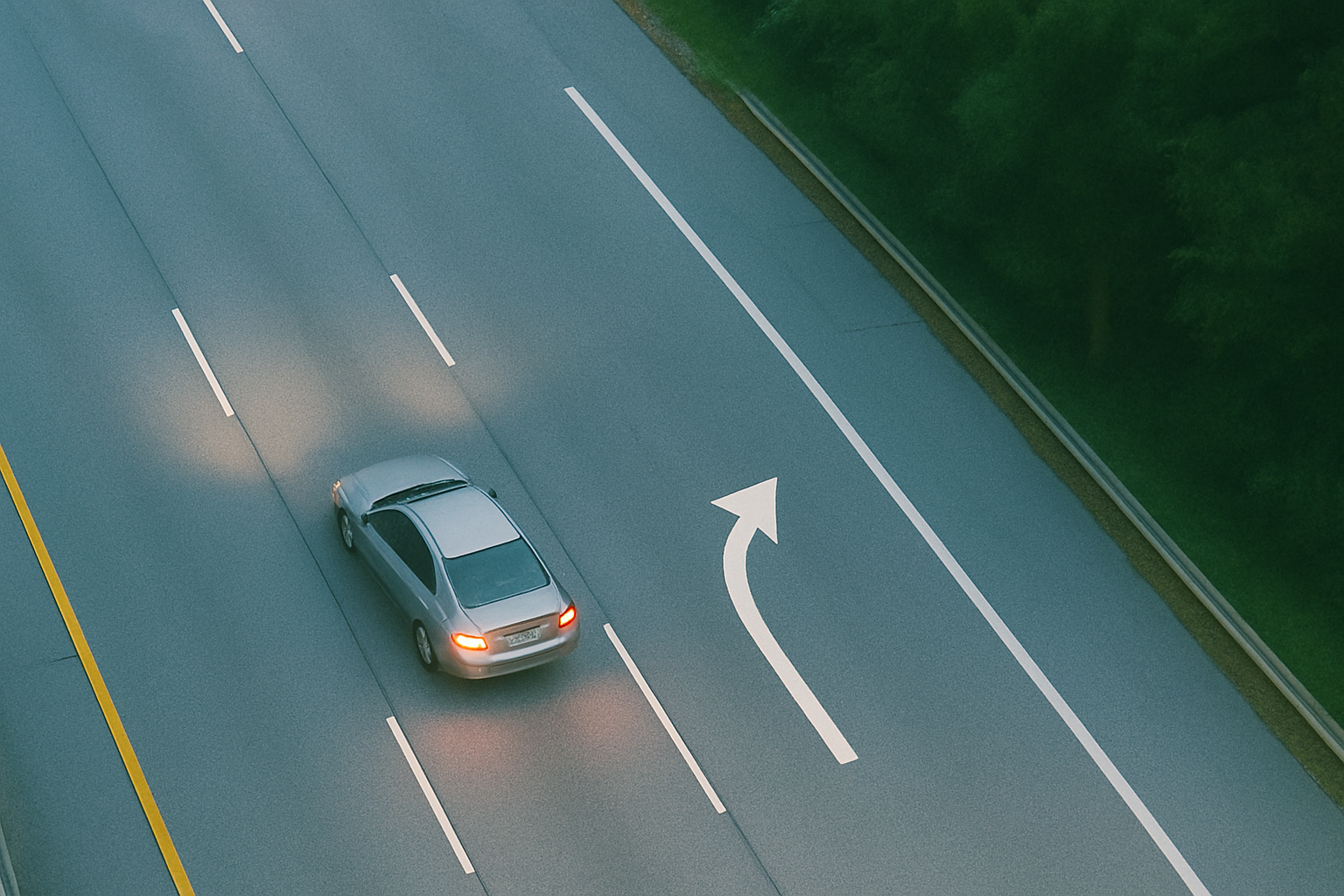A zoomed-out, atmospheric photo of a silver sedan switching lanes under soft lighting on a quiet highway. Captured from above, the image evokes a subtle sense of confusion and direction—ideal for topics around auto insurance, decision-making, or nighttime driving.