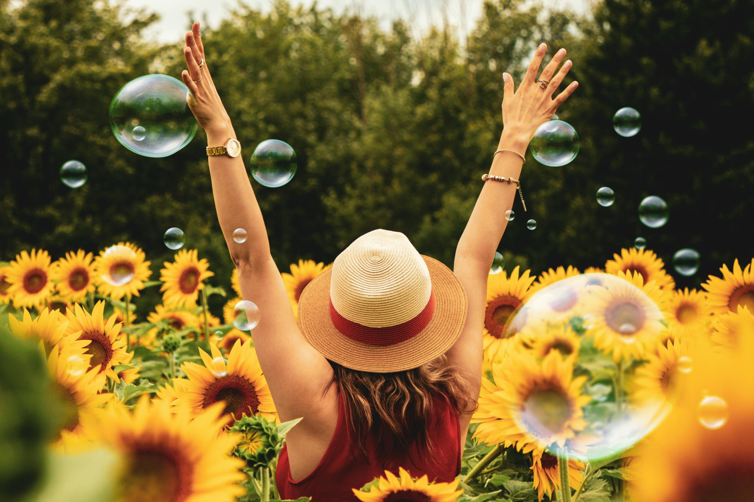A woman stands in a sunflower field with her back turned to the camera as bubbles float around her.