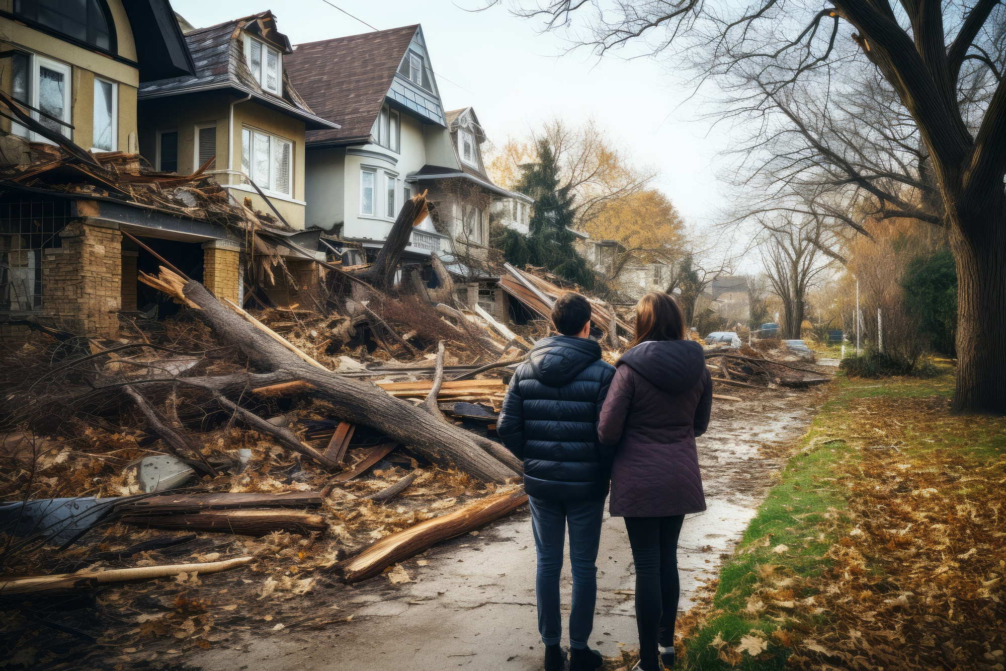 Couple looks at downed trees collapsing against homes after a storm.
